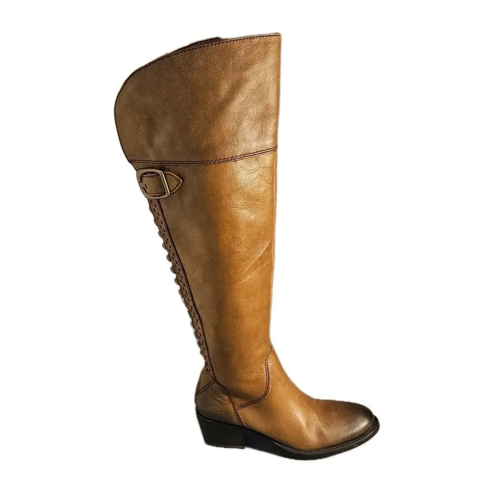 Vince Camuto Women Sz 5.5 M Over-the -knee BOLLO Moto -Boot Studs, Zip, Brown